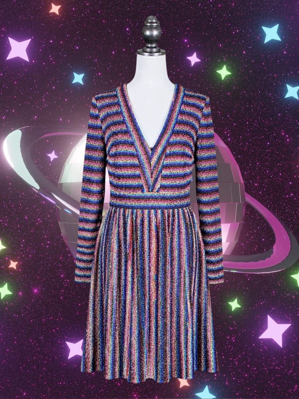ModCloth Retro Glam Metallic Rainbow Stripe Disco Maximalist Statement Dress M